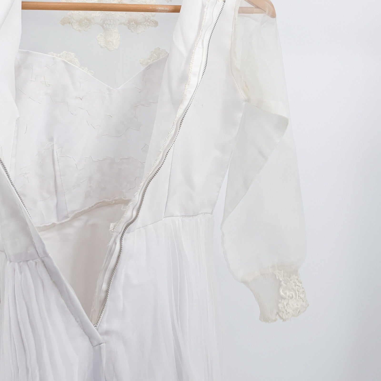 Vintage 70s Handmade White Lace Chiffon Prairie High Neck Wedding Dress Train