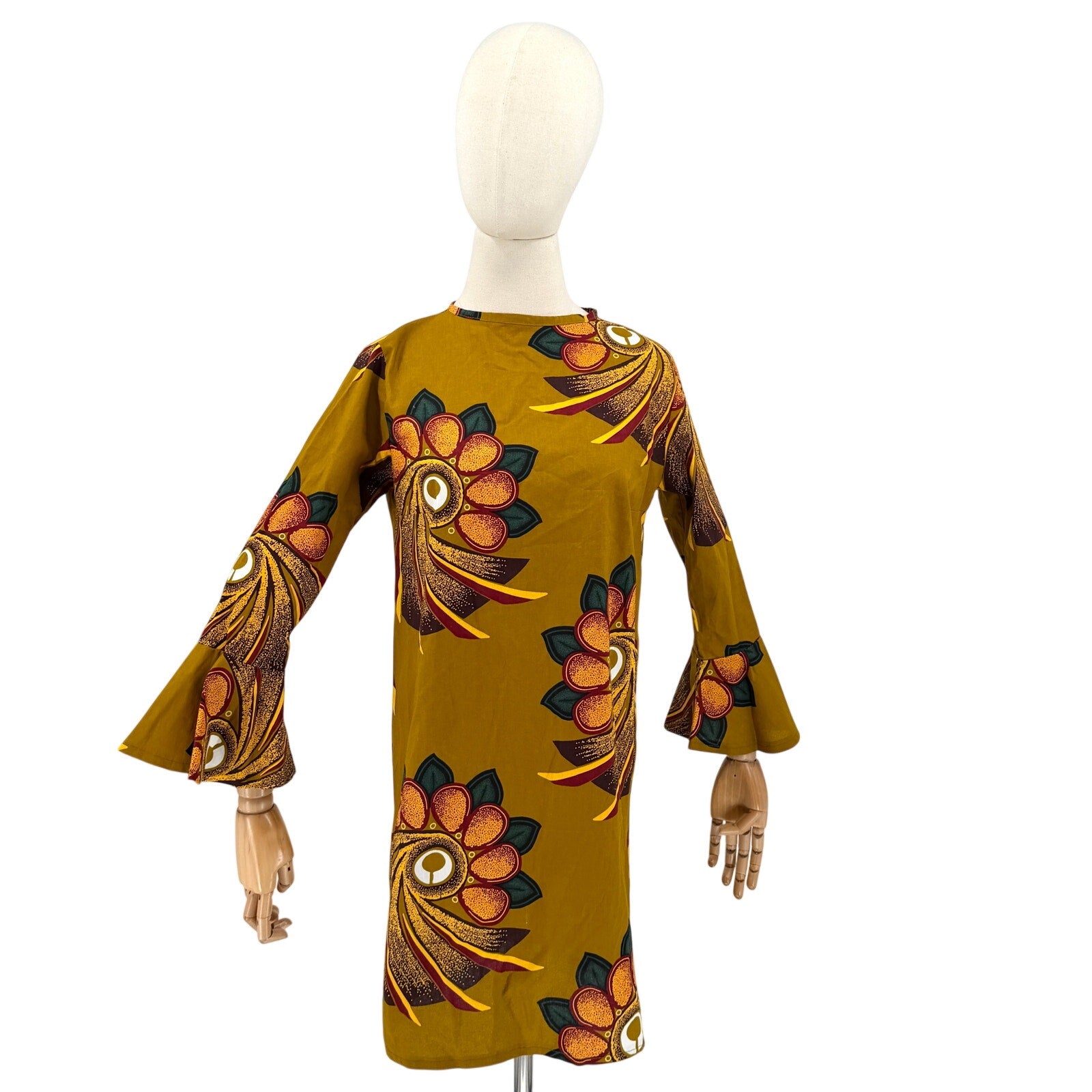 Grass-fields Olive Green Ocher 100% Cotton African Print Bell Sleeve Mini Dress