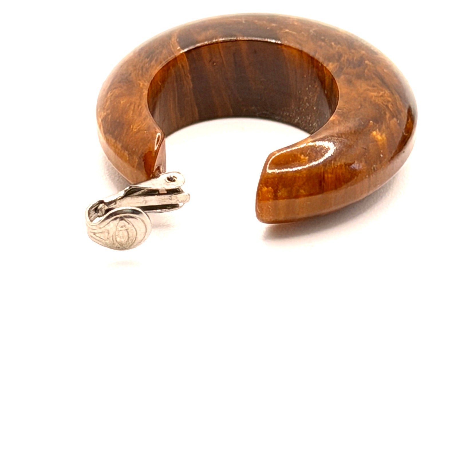 Vintage 70s Brown Tortoise Resin Chunky Crescent Hoop Clip On Earrings