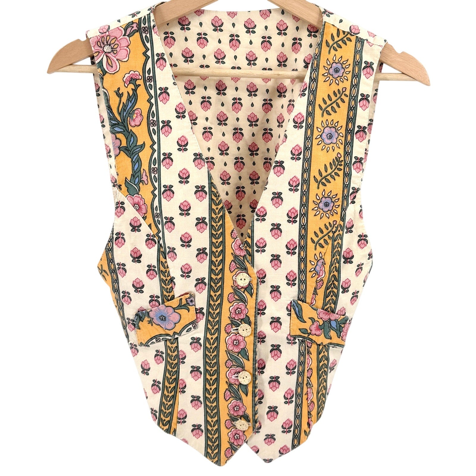 Vintage 90s L'Atelier d'Anaïs Yellow Cream 100% Cotton Floral Vest