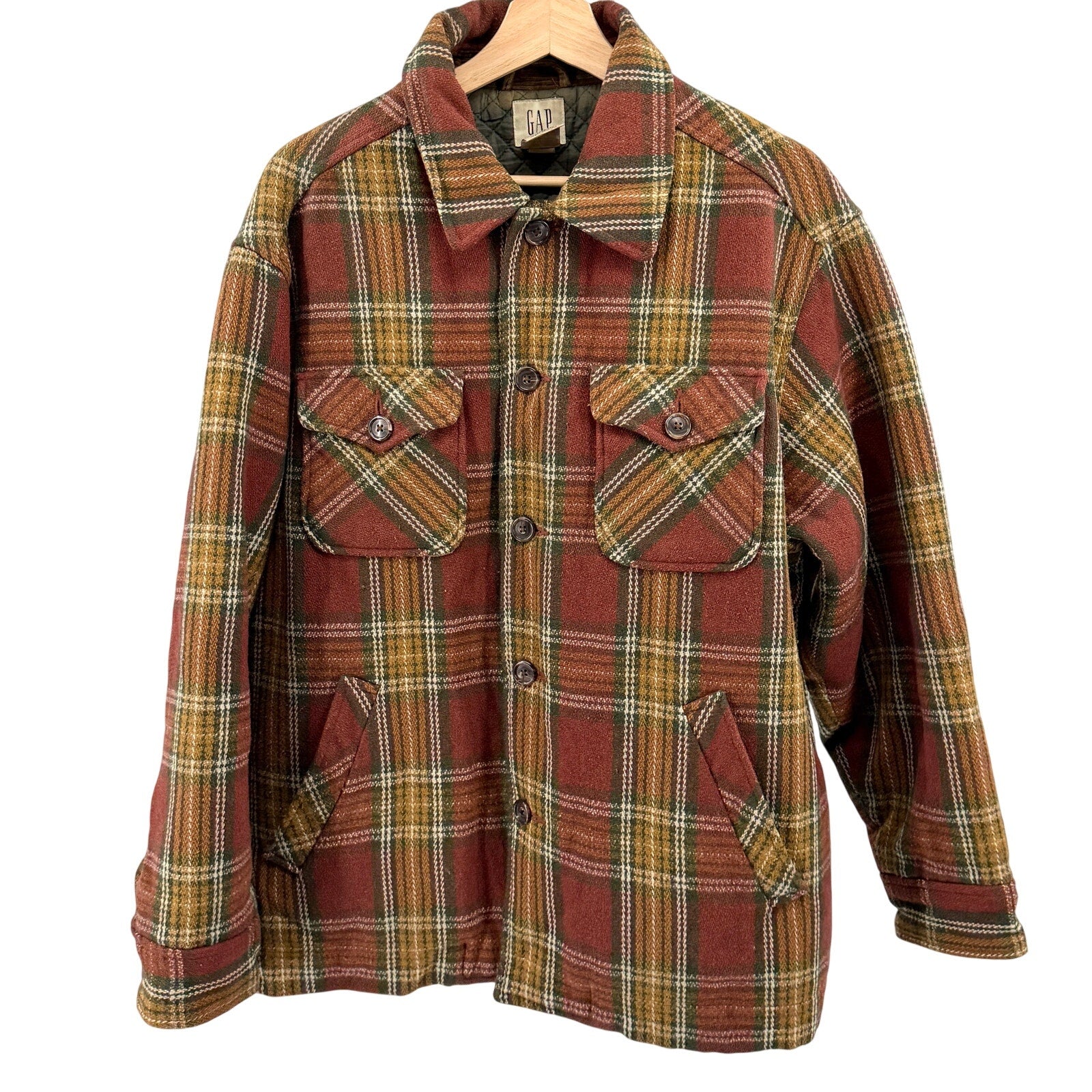 Vintage 90s Gap Brick Red Mustard Plaid Quilted Shacket