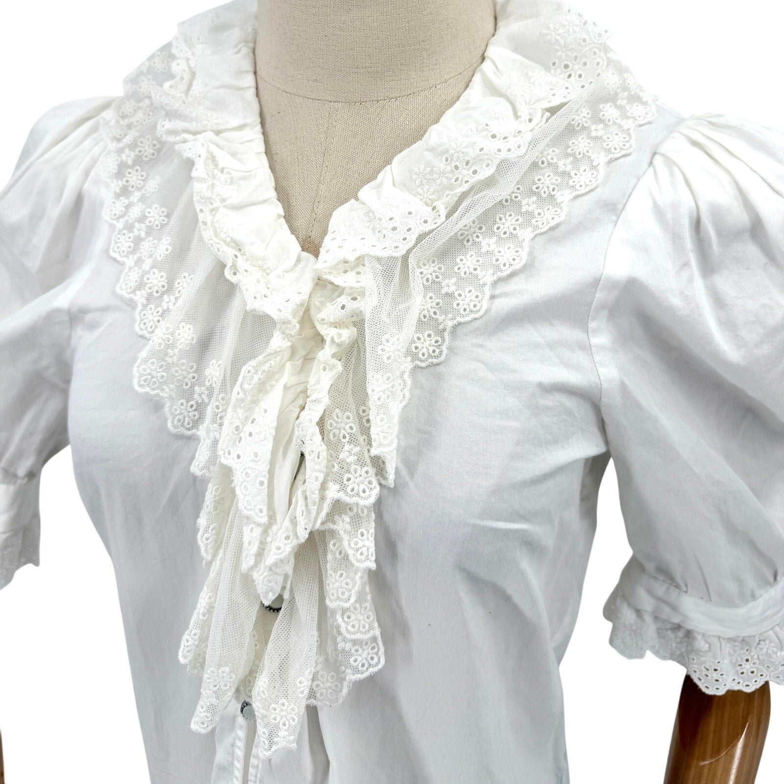 The Kooples White Cotton Lace Ruffle Puff Sleeve Blouse