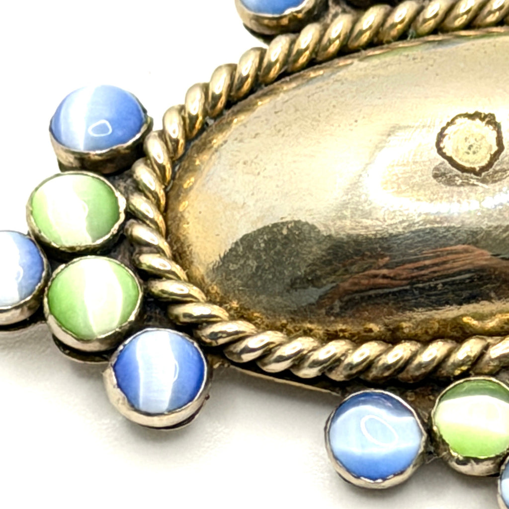 Vintage 90s Blue Green Cat Eye Glass Gold Tone Rope Twist Western Brooch Pin