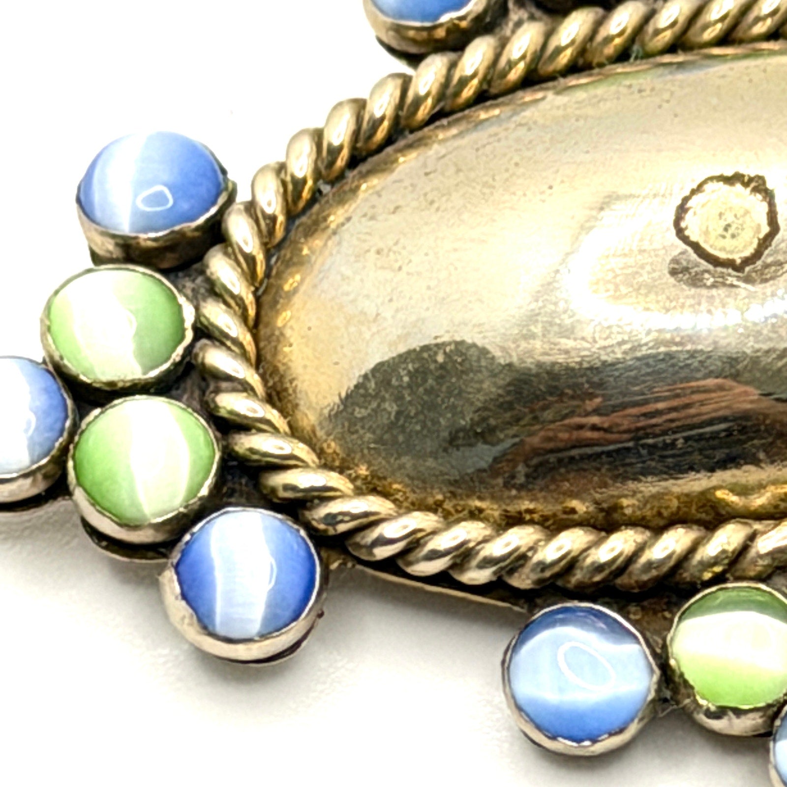 Vintage 90s Blue Green Cat Eye Glass Gold Tone Rope Twist Western Brooch Pin