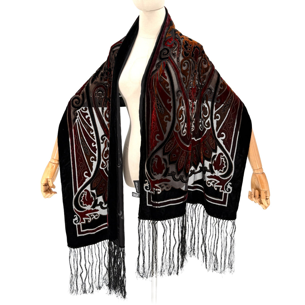 Vintage 90s Felicianni Black Red Gold Paisley Burnout Velvet Fringed Wrap Scarf