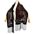Vintage 90s Felicianni Black Red Gold Paisley Burnout Velvet Fringed Wrap Scarf