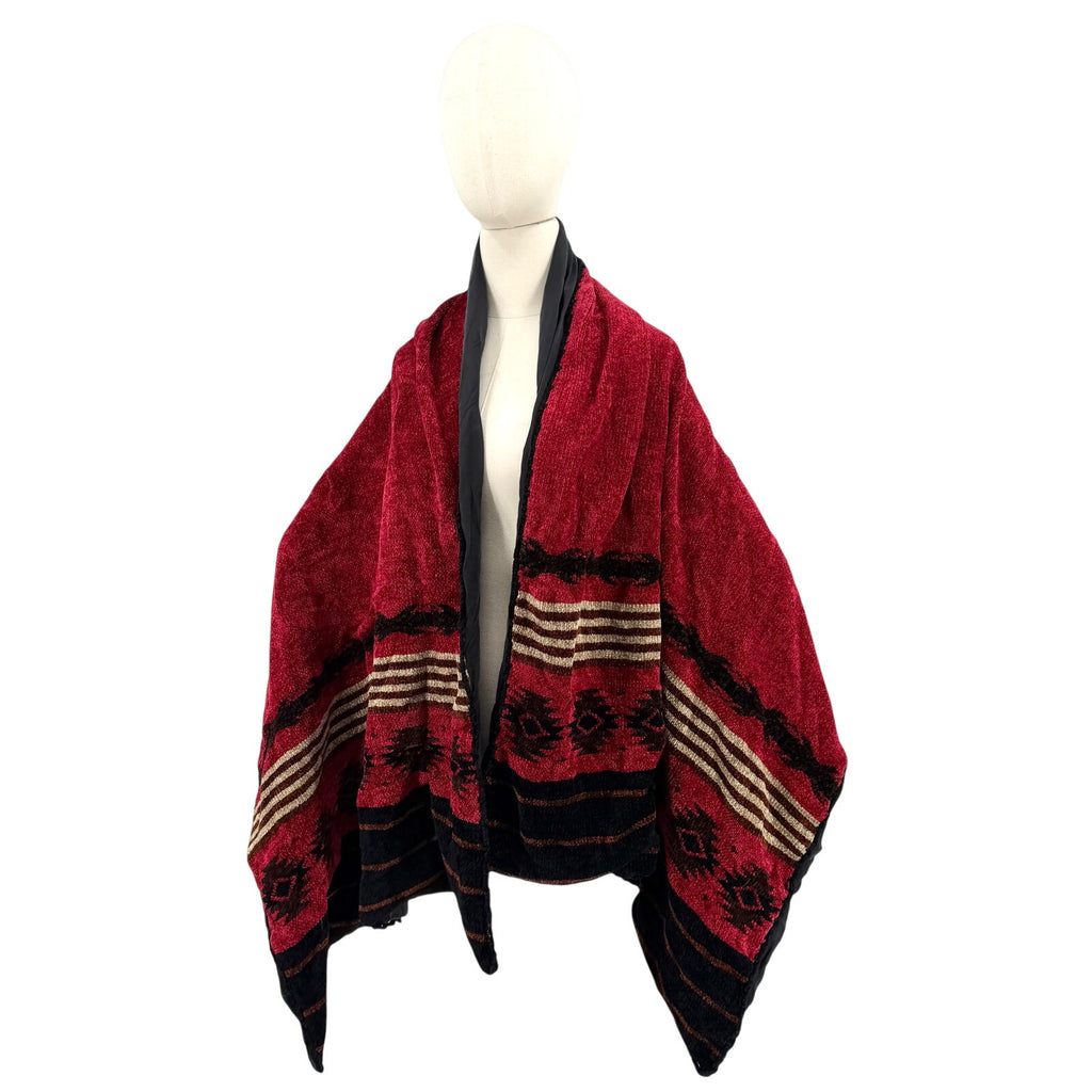 Vintage 90s Aztec Red Black Chenille Woven Wrap Blanket Poncho Shawl