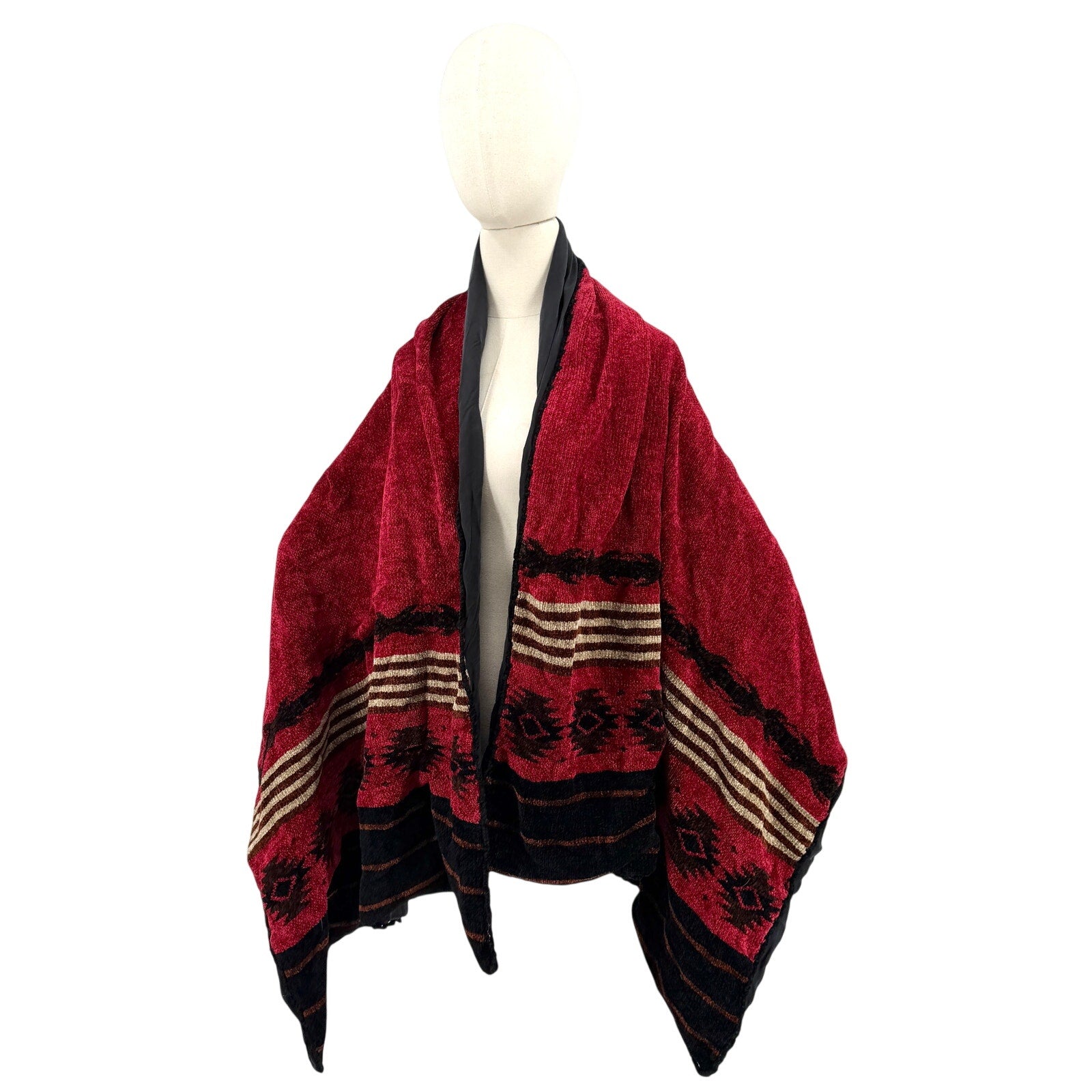 Vintage 90s Aztec Red Black Chenille Woven Wrap Blanket Poncho Shawl