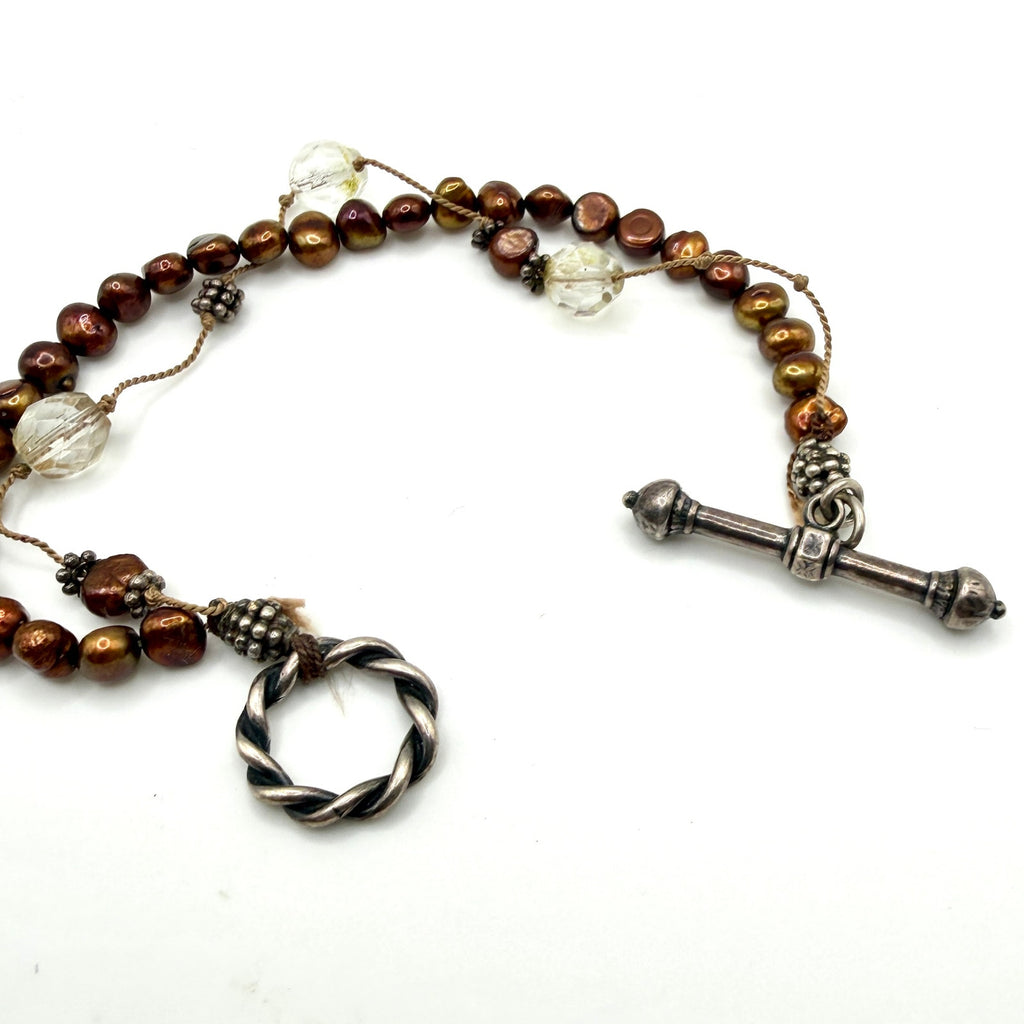 Vintage 90s Sterling Silver Bronze Freshwater Pearl Quartz Toggle Bracelet