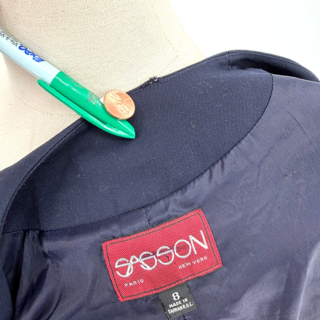 Vintage 80s Sassoon Navy Blue Puff Sleeve Peplum Fitted Blazer Jacket
