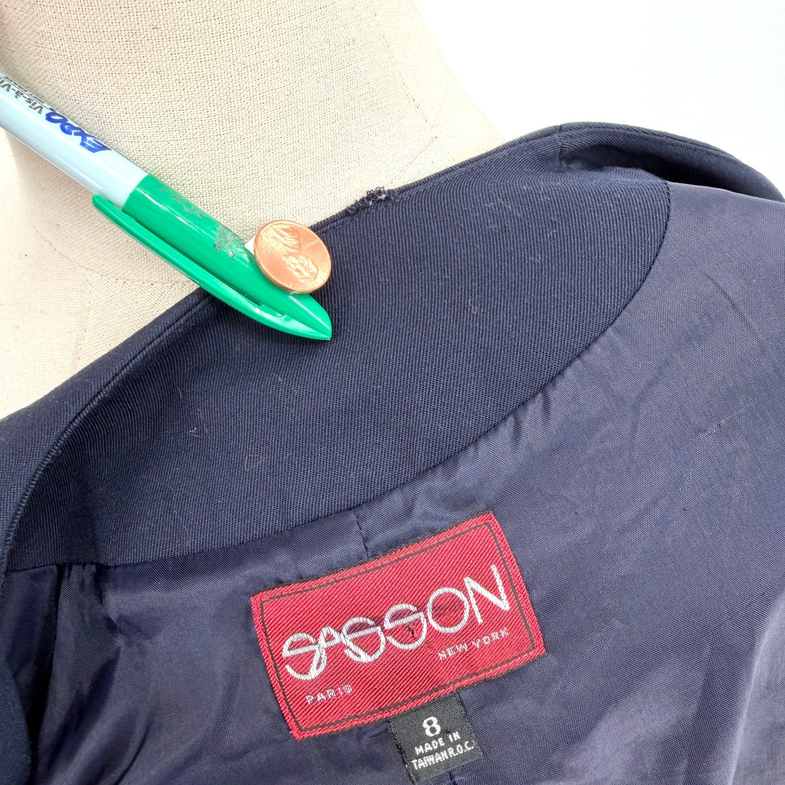 Vintage 80s Sassoon Navy Blue Puff Sleeve Peplum Fitted Blazer Jacket