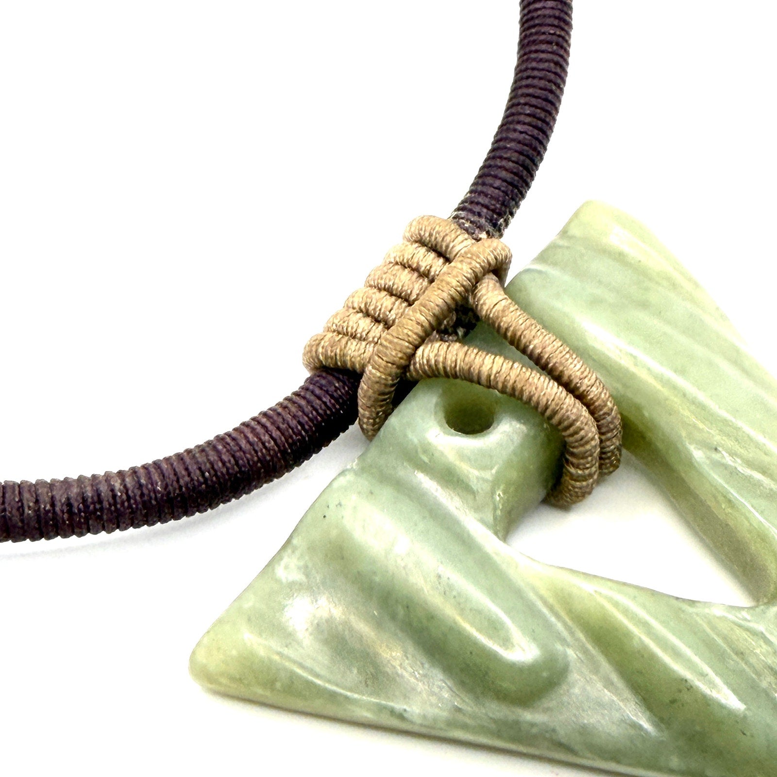 Vintage 90s Green Jade Carved Large Triangle Chunky Corded Pendant Necklace