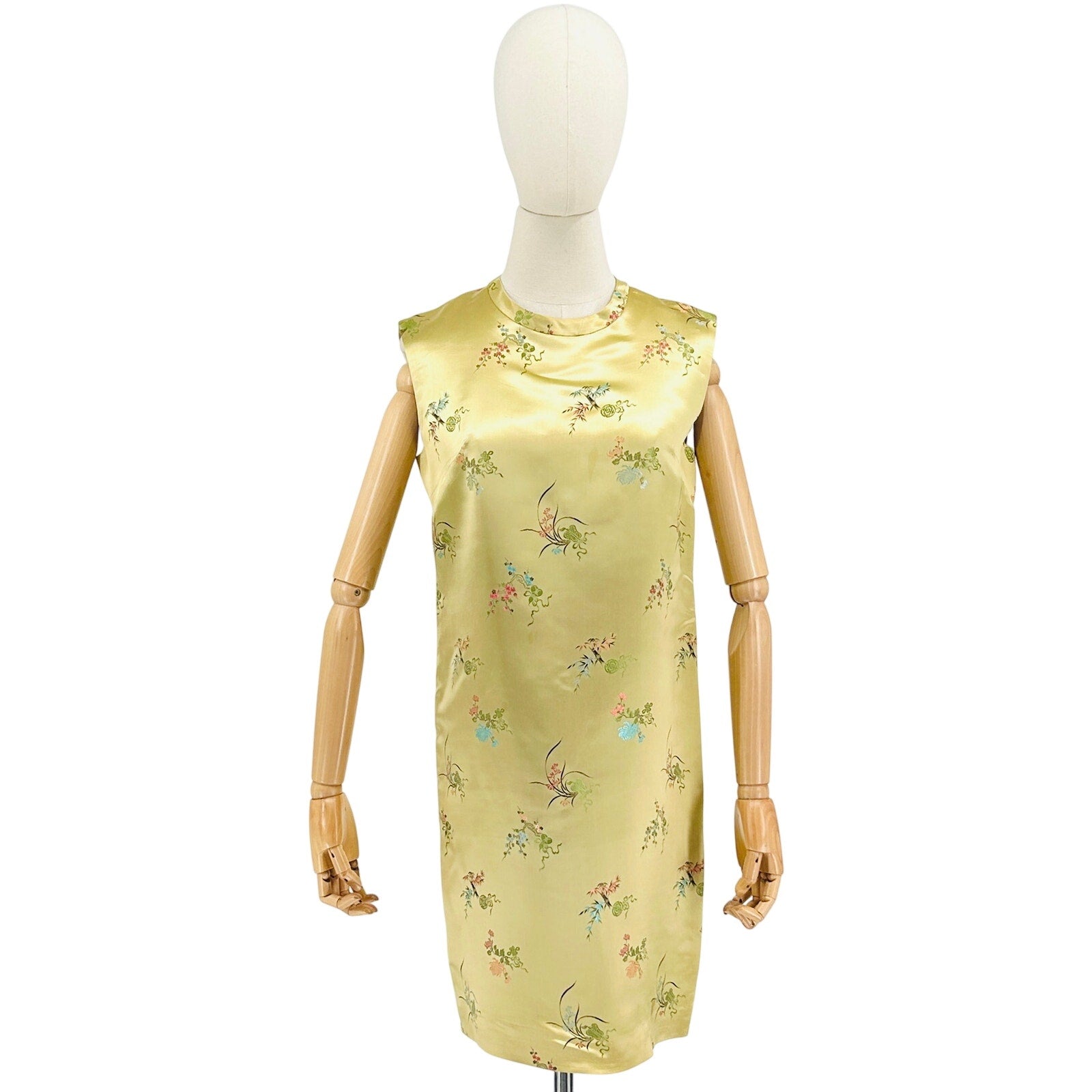 Vintage 60s Couture Gold 100% Silk Satin Embroidered Cheongsam Dress Suit