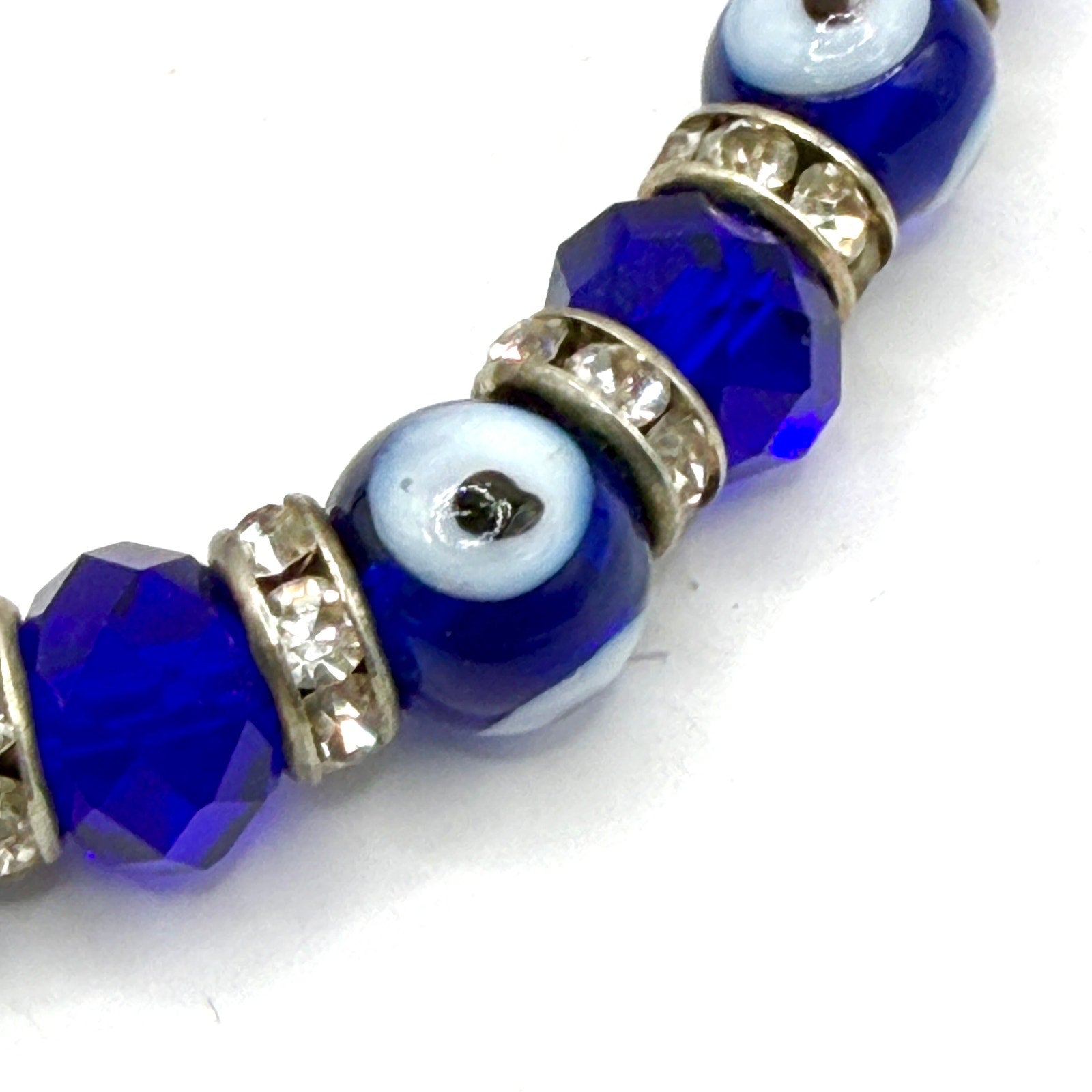 Cobalt Blue Glass Rhinestone Evil Eye Protection Stretch Bracelet