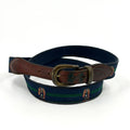 Vintage 80s YRI Navy Green Genuine Leather Preppy Woven Crest Belt