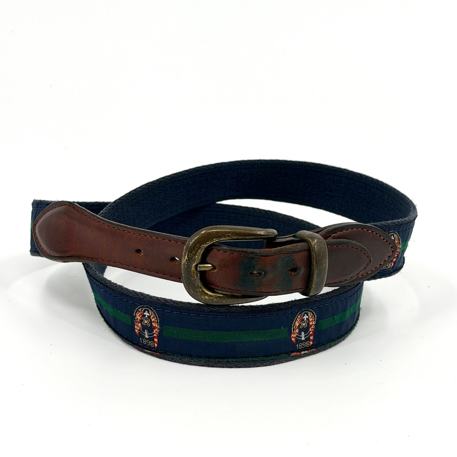 Vintage 80s YRI Navy Green Genuine Leather Preppy Woven Crest Belt