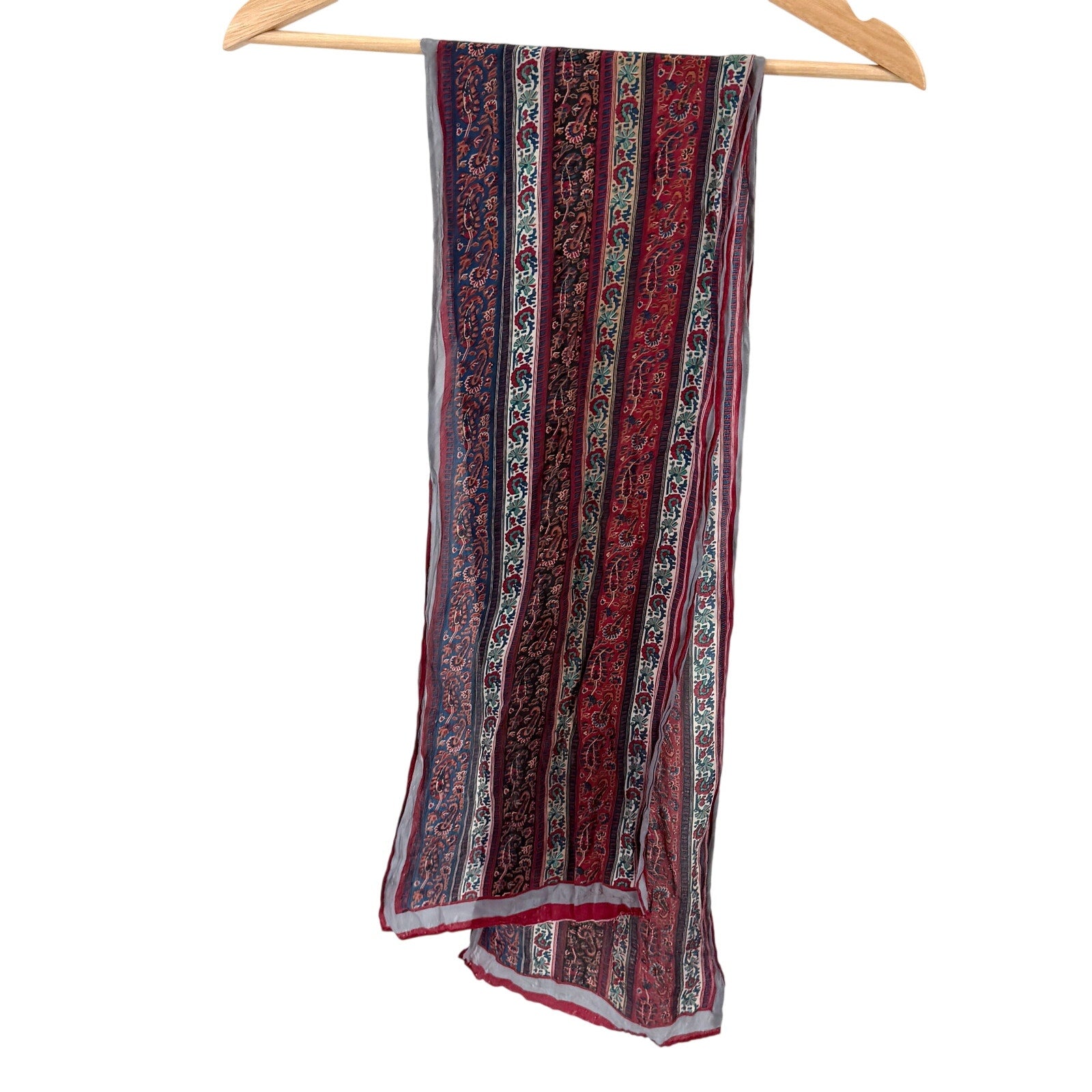 Vintage 80s Anne Klein Gray Maroon 100% Silk Floral Hand Rolled Scarf