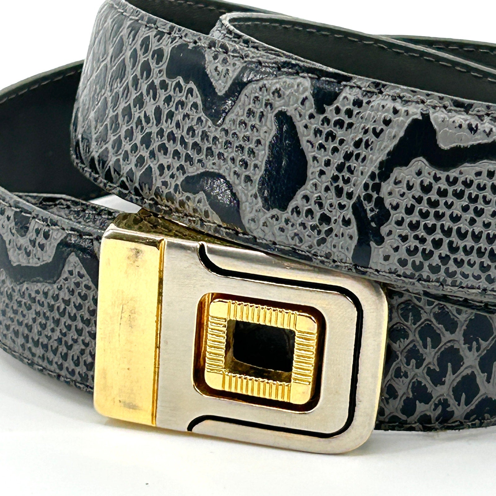 Vintage 90s Gray Black Genuine Leather Snakeskin Embossed Gold Buckle Belt