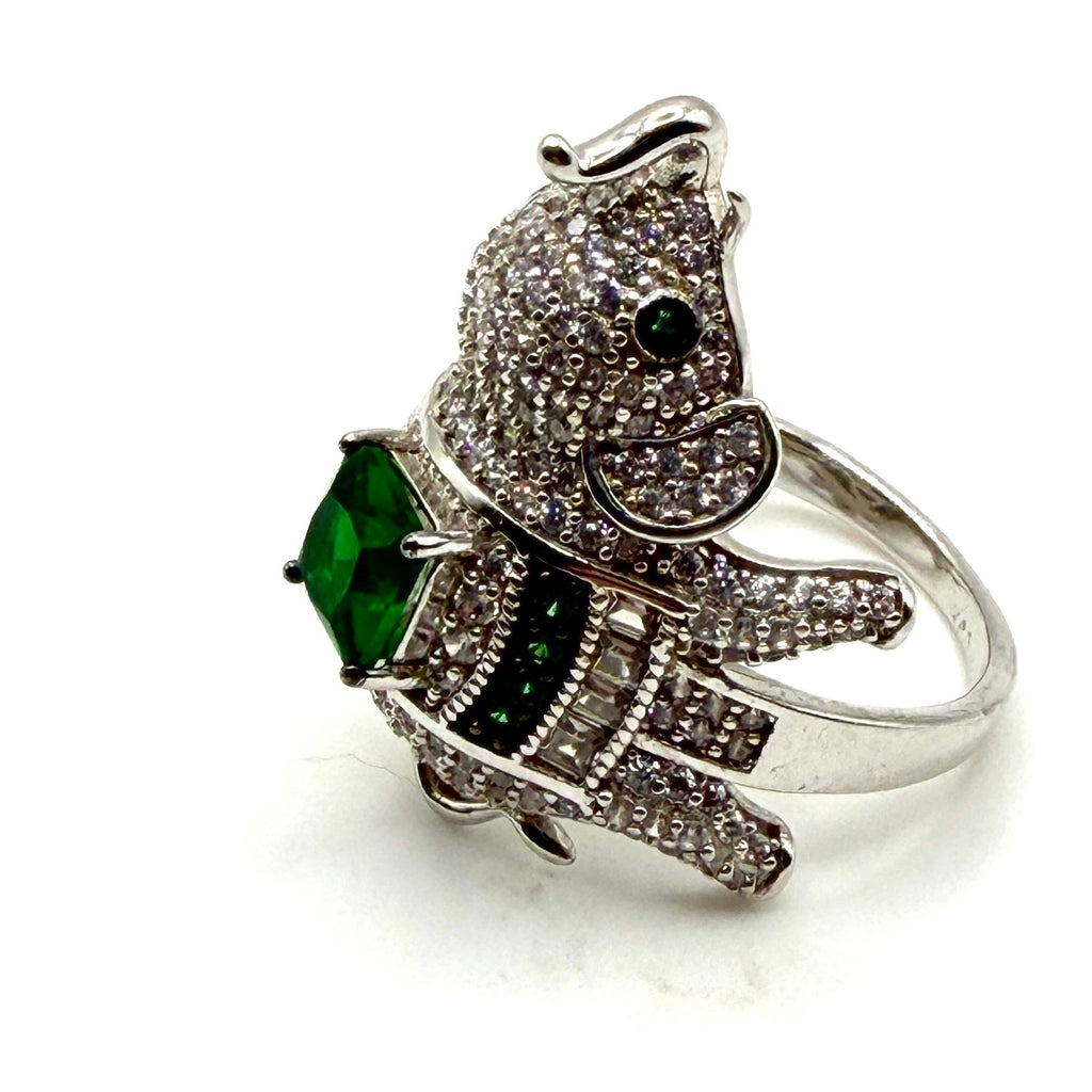 Green Sterling Silver Cubic Zirconia Pave Elephant Statement Ring