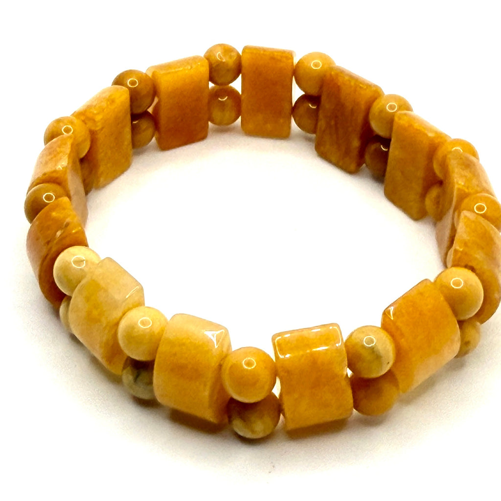 Vintage 90s Yellow Baltic Amber Barrel Bead Double Strand Stretch Bracelet