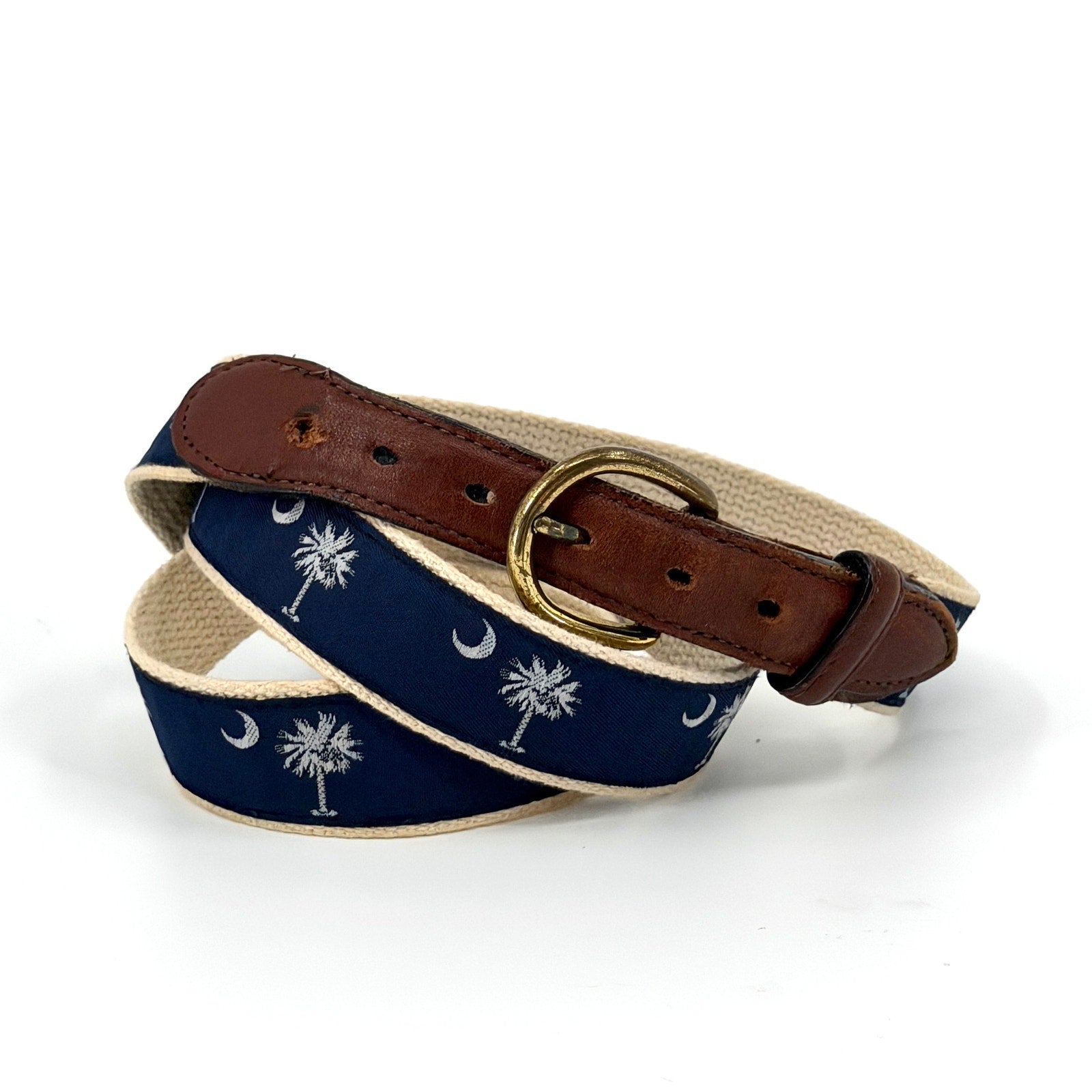 Vintage 90s Barrons Hunter Navy Blue South Carolina Palmetto Khaki Webbing Belt