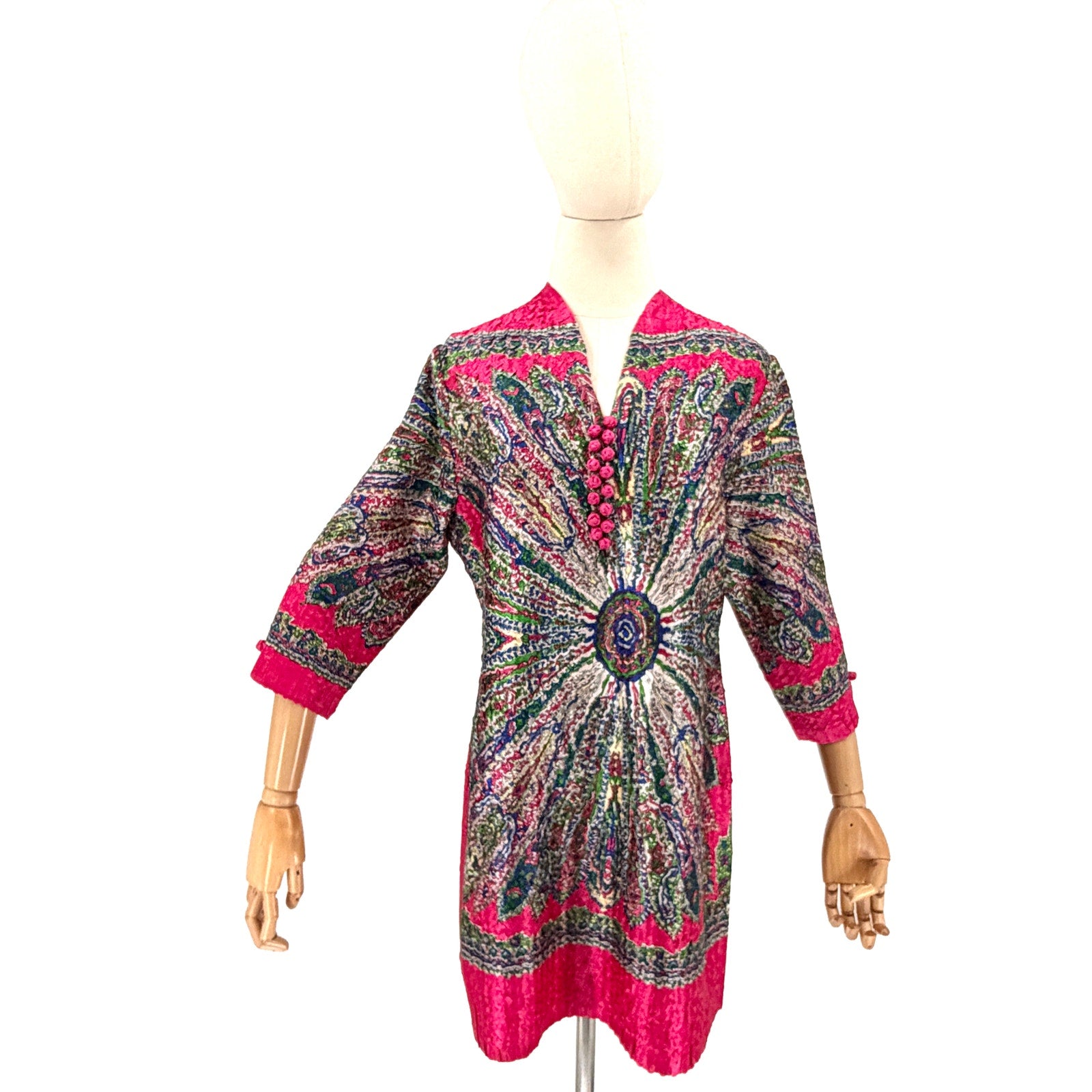 Hot Pink Paisley Crinkle Satin Boho Mini Dress