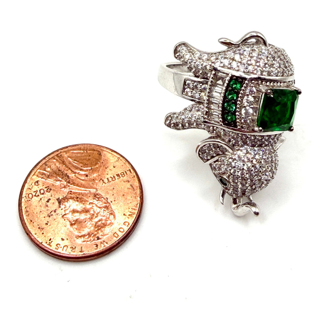Green Sterling Silver Cubic Zirconia Pave Elephant Statement Ring