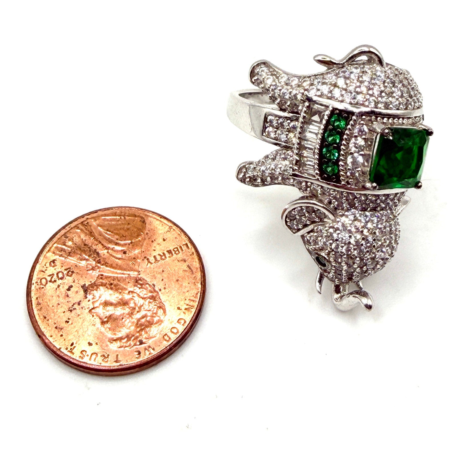 Green Sterling Silver Cubic Zirconia Pave Elephant Statement Ring