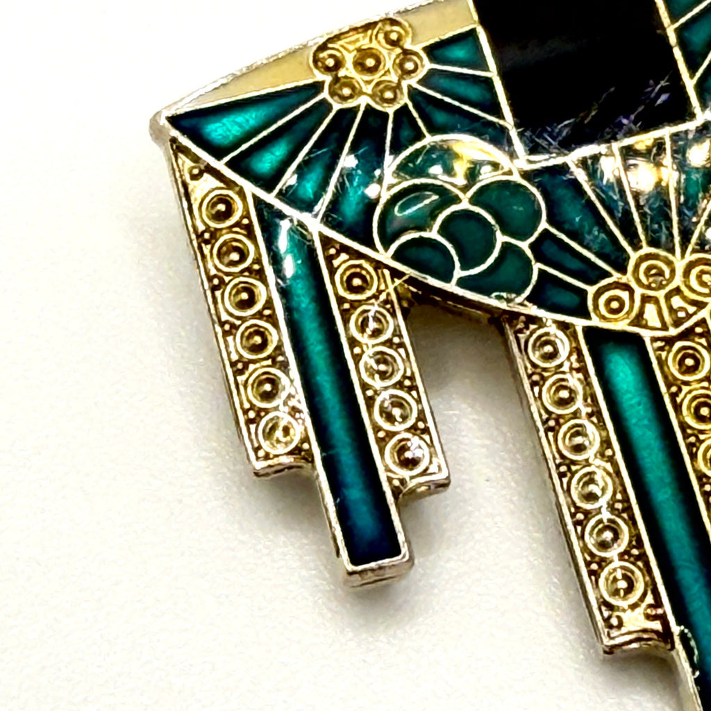 Vintage 90s Teal Enamel Gold Tone Art Deco Revival Geometric Fan Brooch Pin