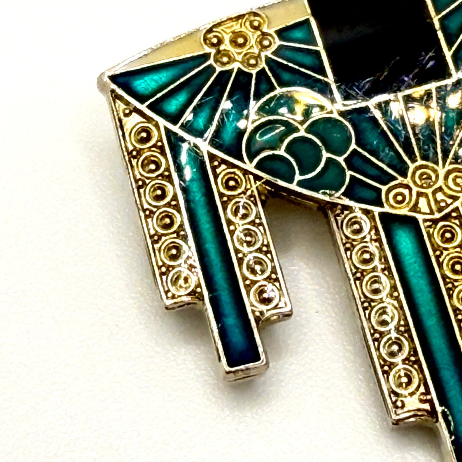 Vintage 90s Teal Enamel Gold Tone Art Deco Revival Geometric Fan Brooch Pin