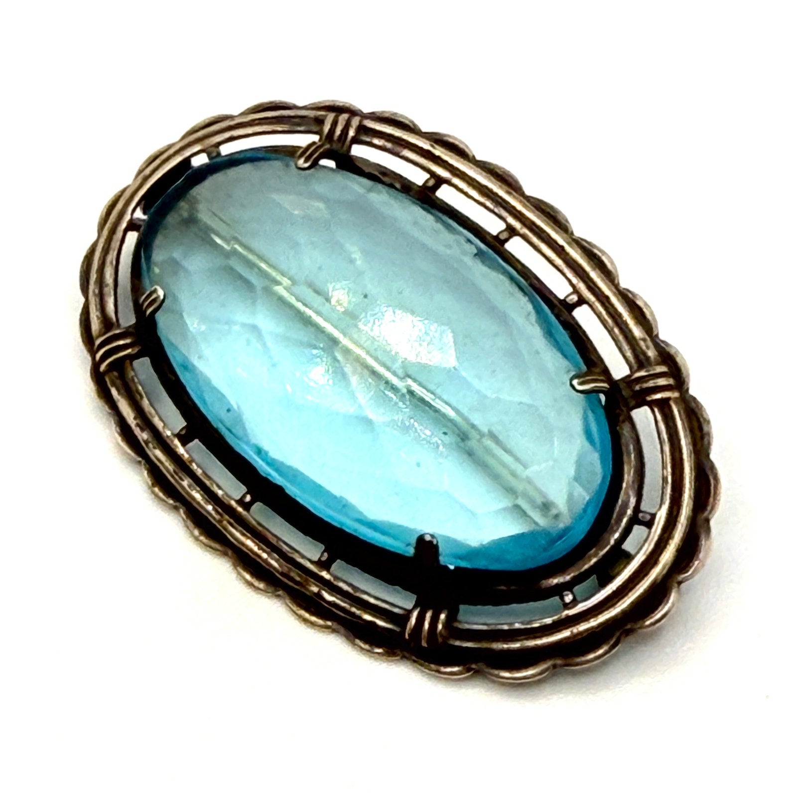 Vintage 50s Light Blue Sterling Silver Stamped Faceted Gemstone Brooch Pendant