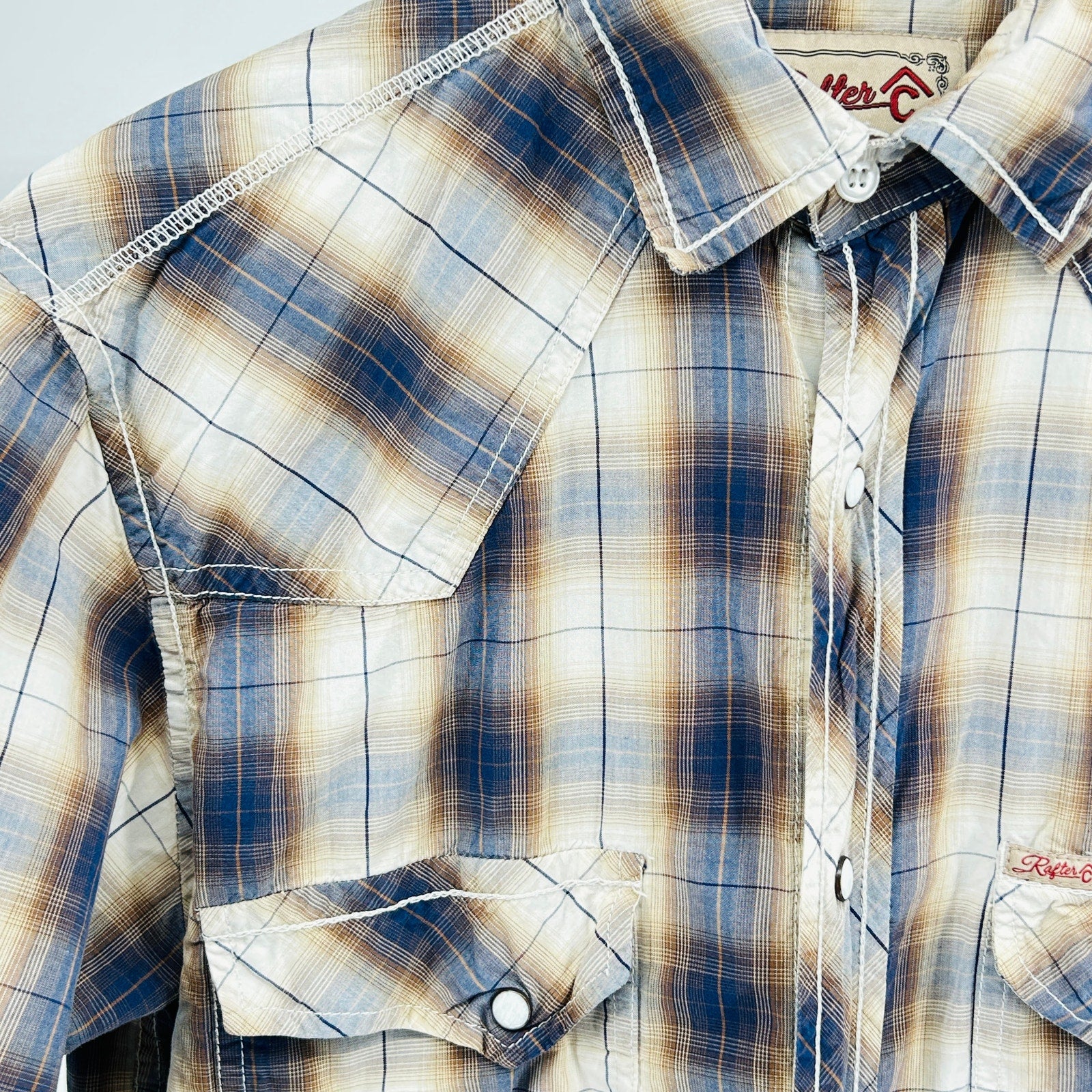 Rafter C Blue Tan Plaid 100% Cotton Western Pearl Snap Shirt