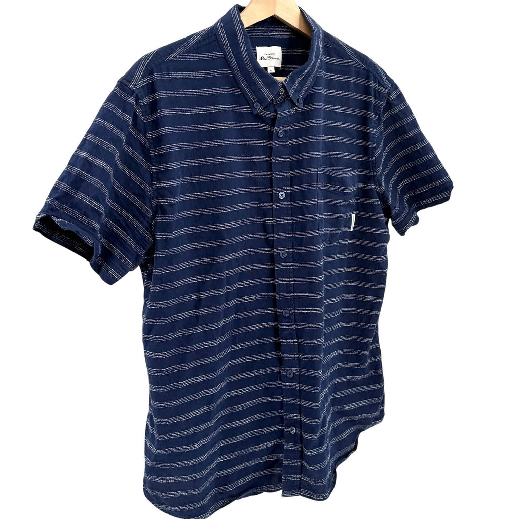 Ben Sherman Navy Blue White Stripe 100% Cotton Short Sleeve Button Down Shirt