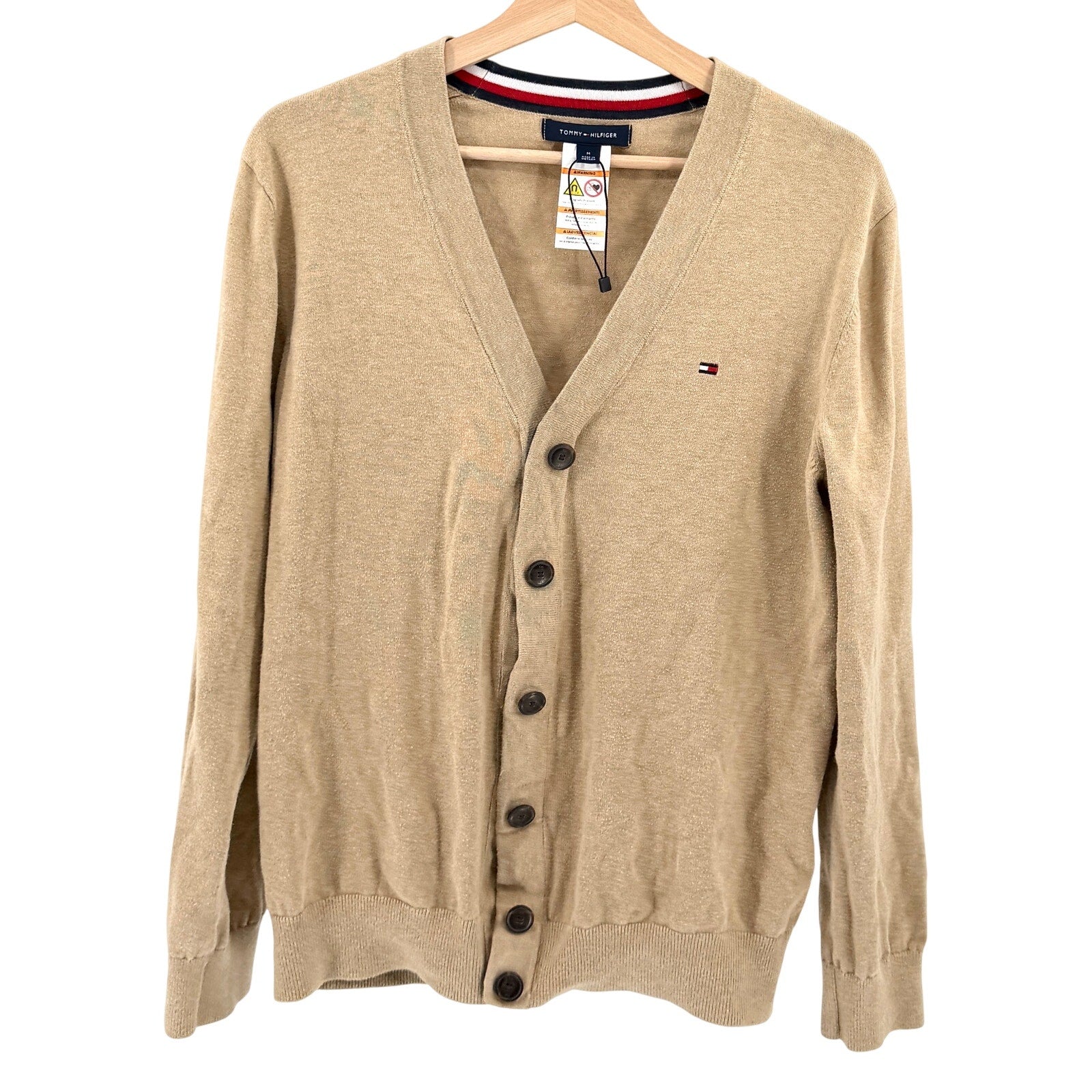 Tommy Hilfiger Camel Tan 100% Cotton Magnetic Snap Cardigan Sweater