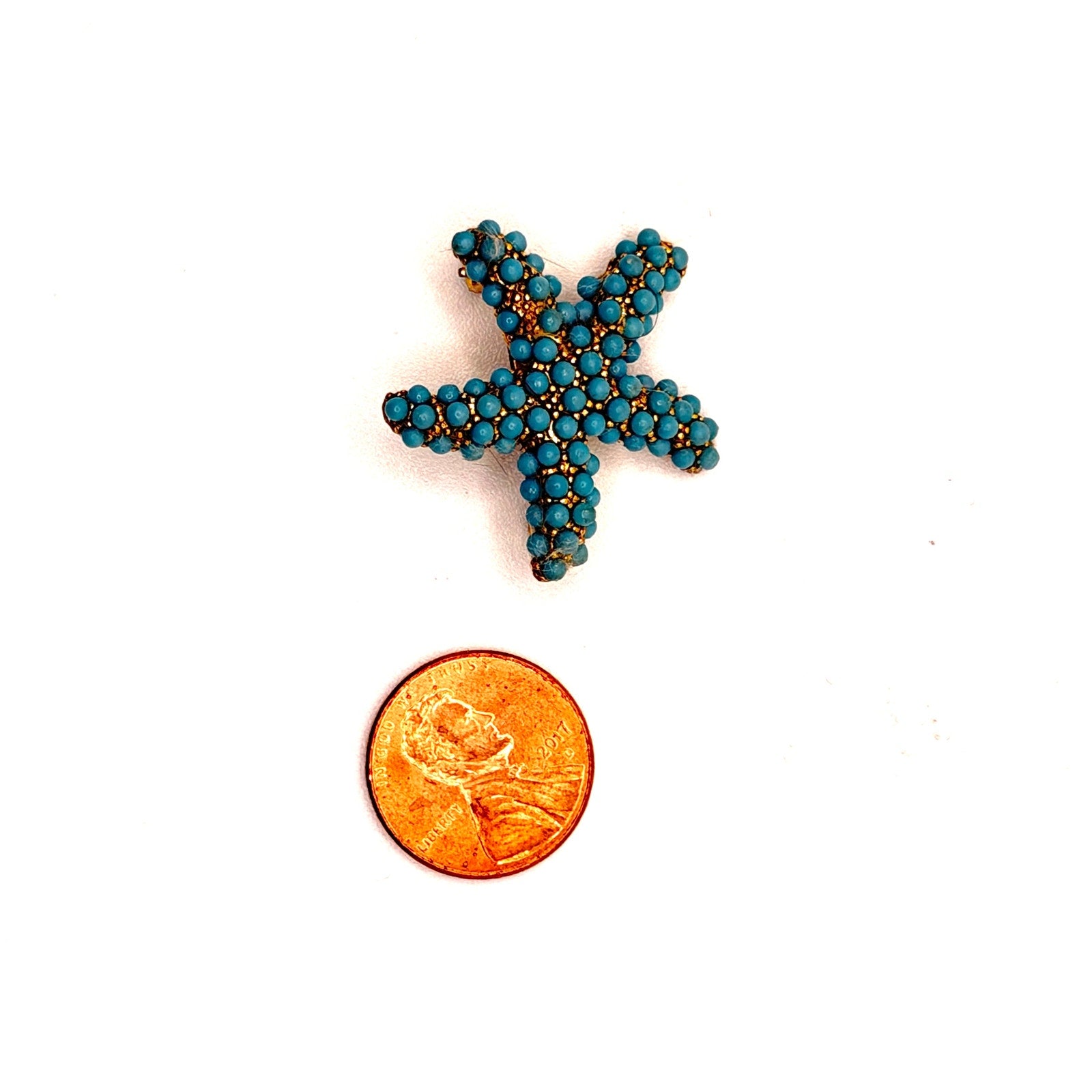 Vintage Gold Tone Turquoise Blue Beaded Starfish Novelty Brooch Pin