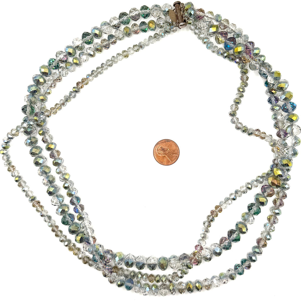 Vintage 90s Donna Dressler Signed Sterling AB Glass Crystal 3 Strand Necklace