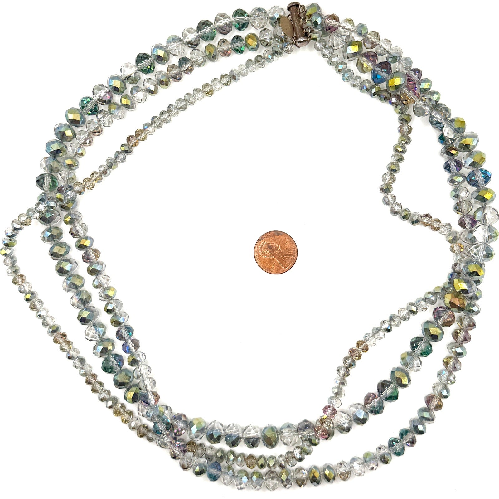 Vintage 90s Donna Dressler Signed Sterling AB Glass Crystal 3 Strand Necklace