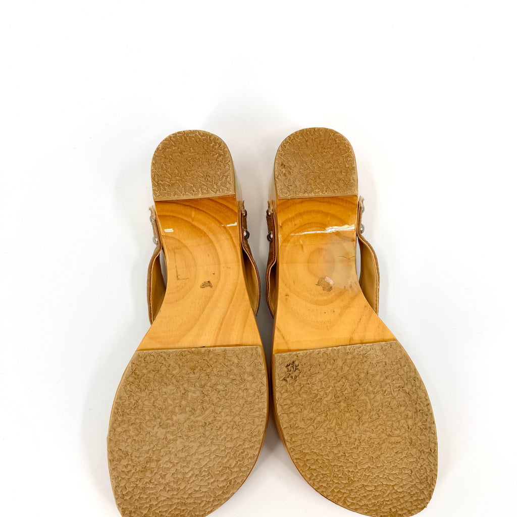 Vintage 90s Woodies Tan Wood Tropical Embroidered Satin Studded Clog Sandals