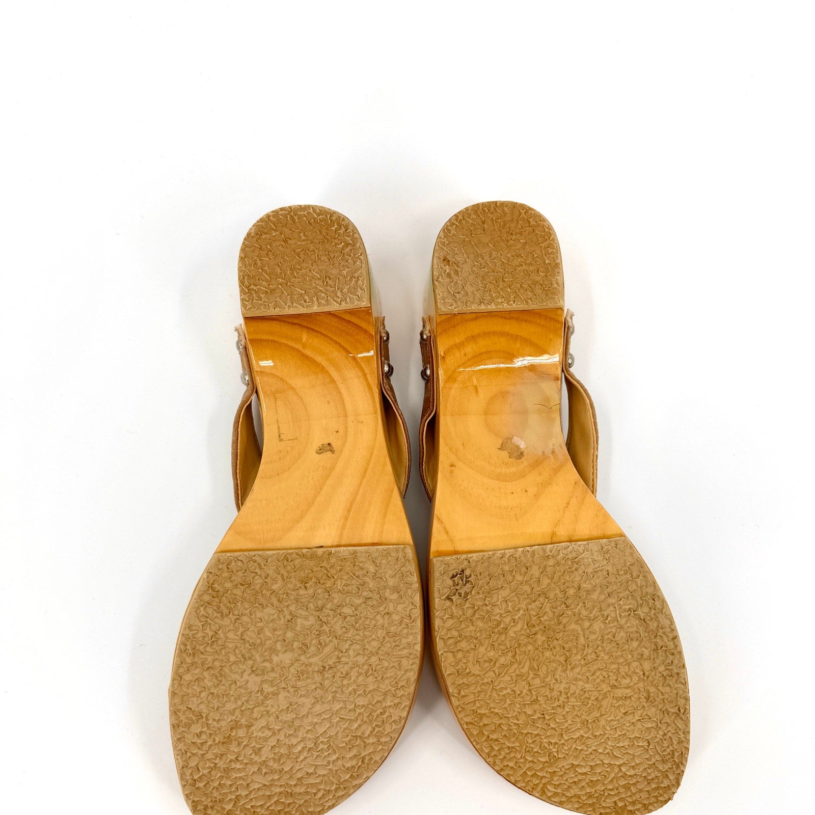 Vintage 90s Woodies Tan Wood Tropical Embroidered Satin Studded Clog Sandals