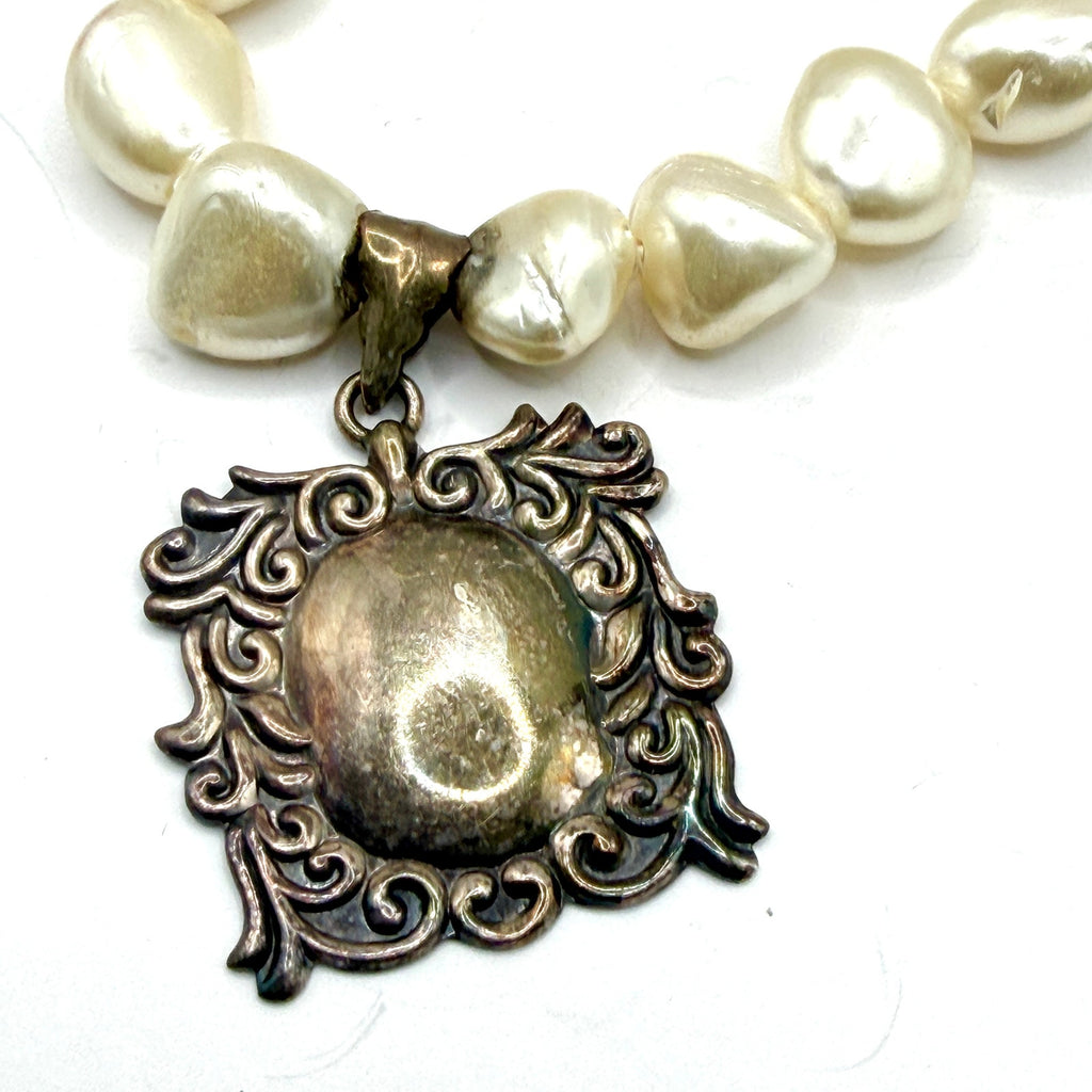 Vintage 90s Cream Sterling Silver Stamped Baroque Pearl Ornate Charm Bracelet