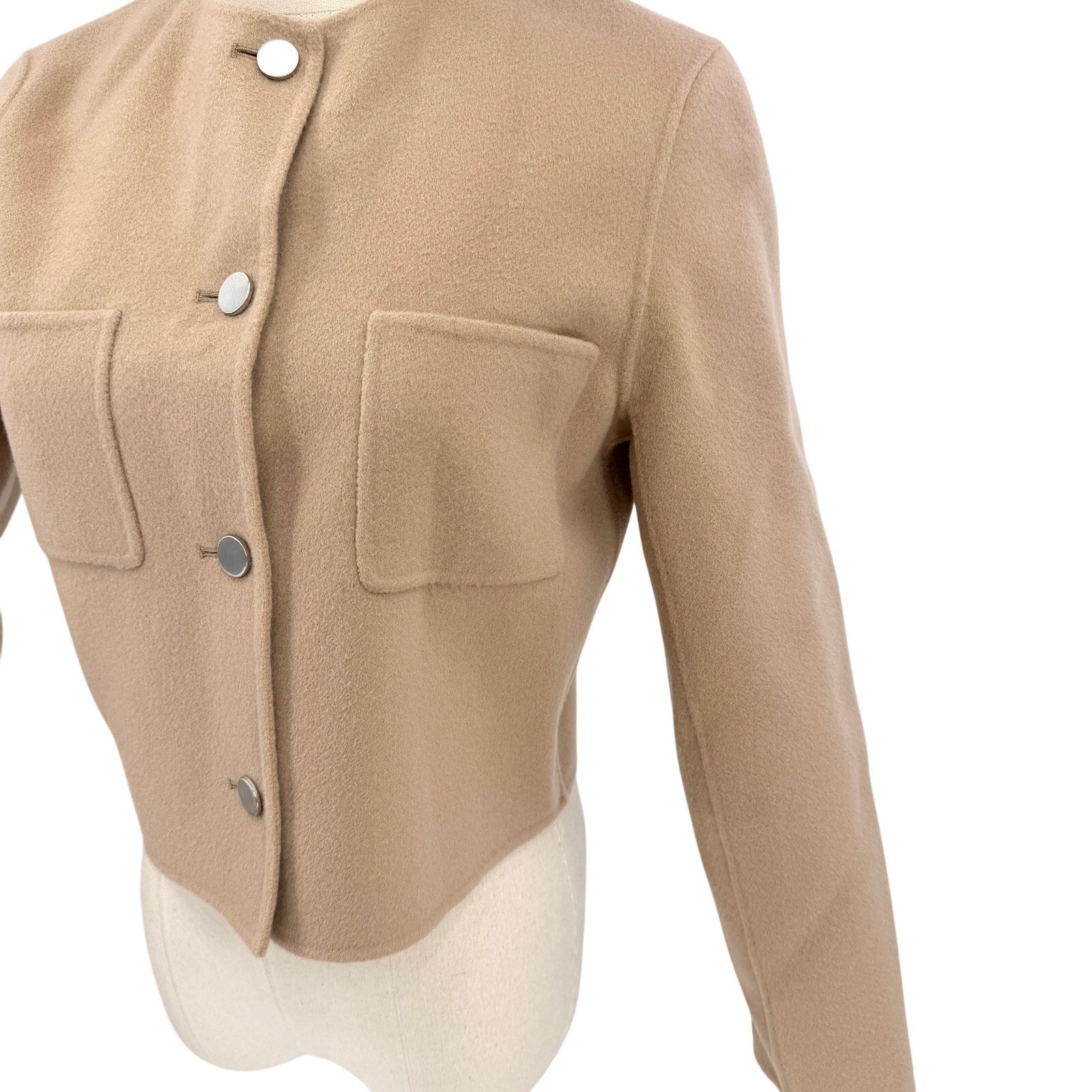 Theory Beige Cashmere Wool Minimalist Luxe Cropped Collarless Jacket