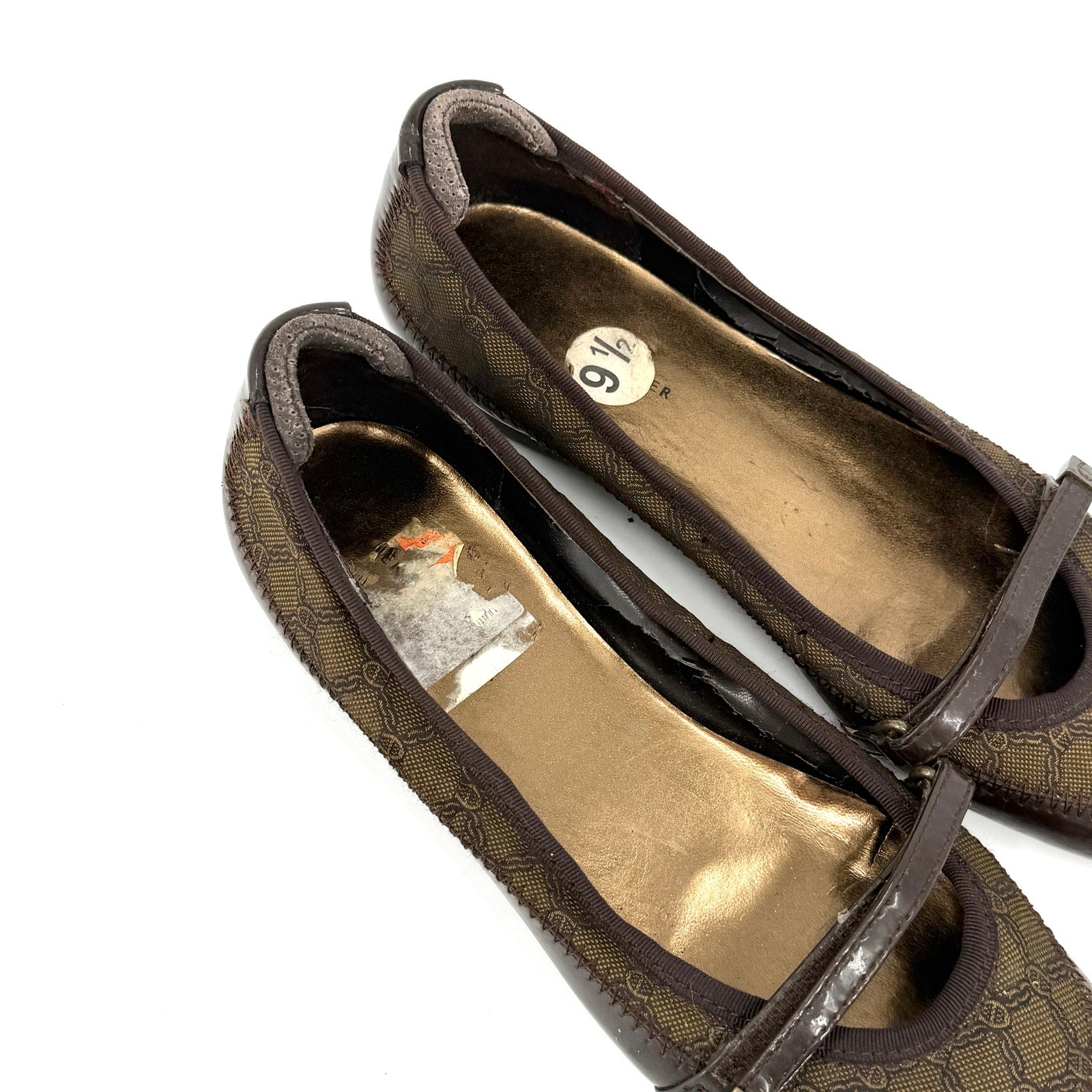 Vintage Y2K Etienne Aigner Brown Logo Pattern Patent Accent Mary Jane Flats