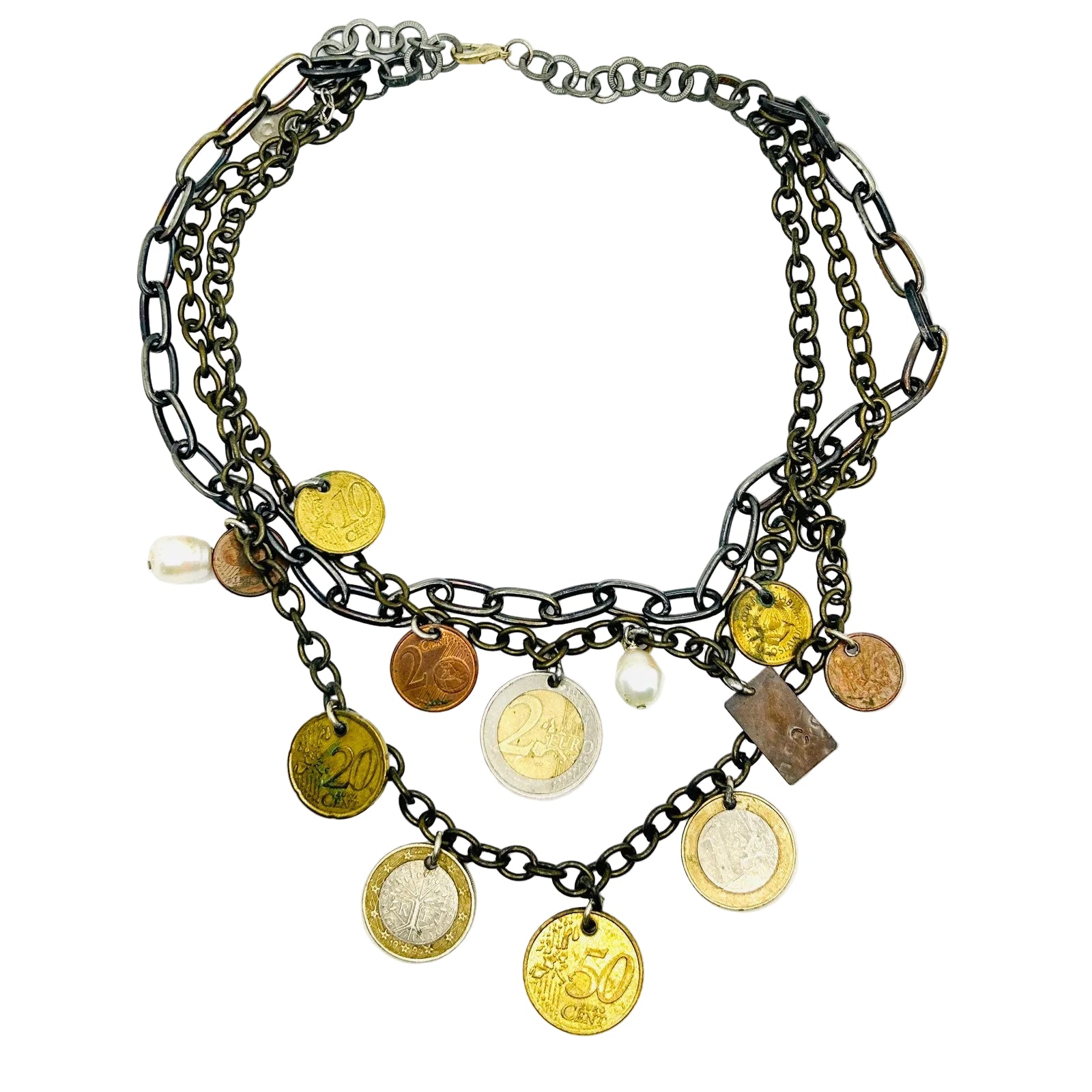 Necklace with coins and charms on a white background