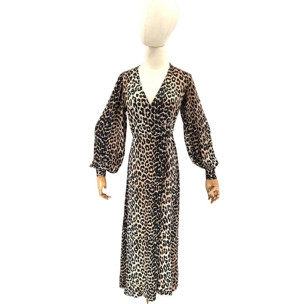 Ganni Silk Leopard Print Long Sleeve V-Neck Wrap Maxi Dress