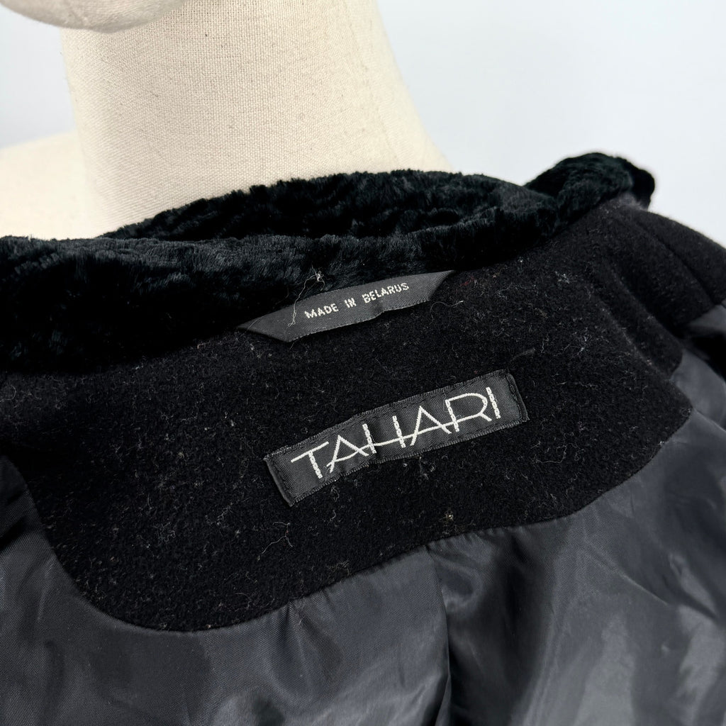 Vintage Y2K Tahari Black 100% Wool Swing Faux faux Persian Lamb Collar Coat