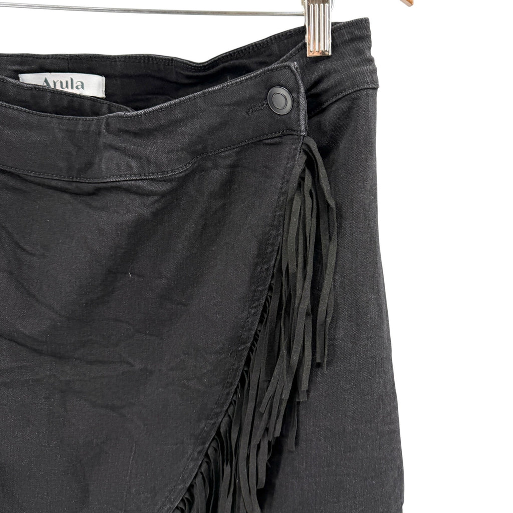 Arula Black Denim Fringe Wrap Mini Skirt