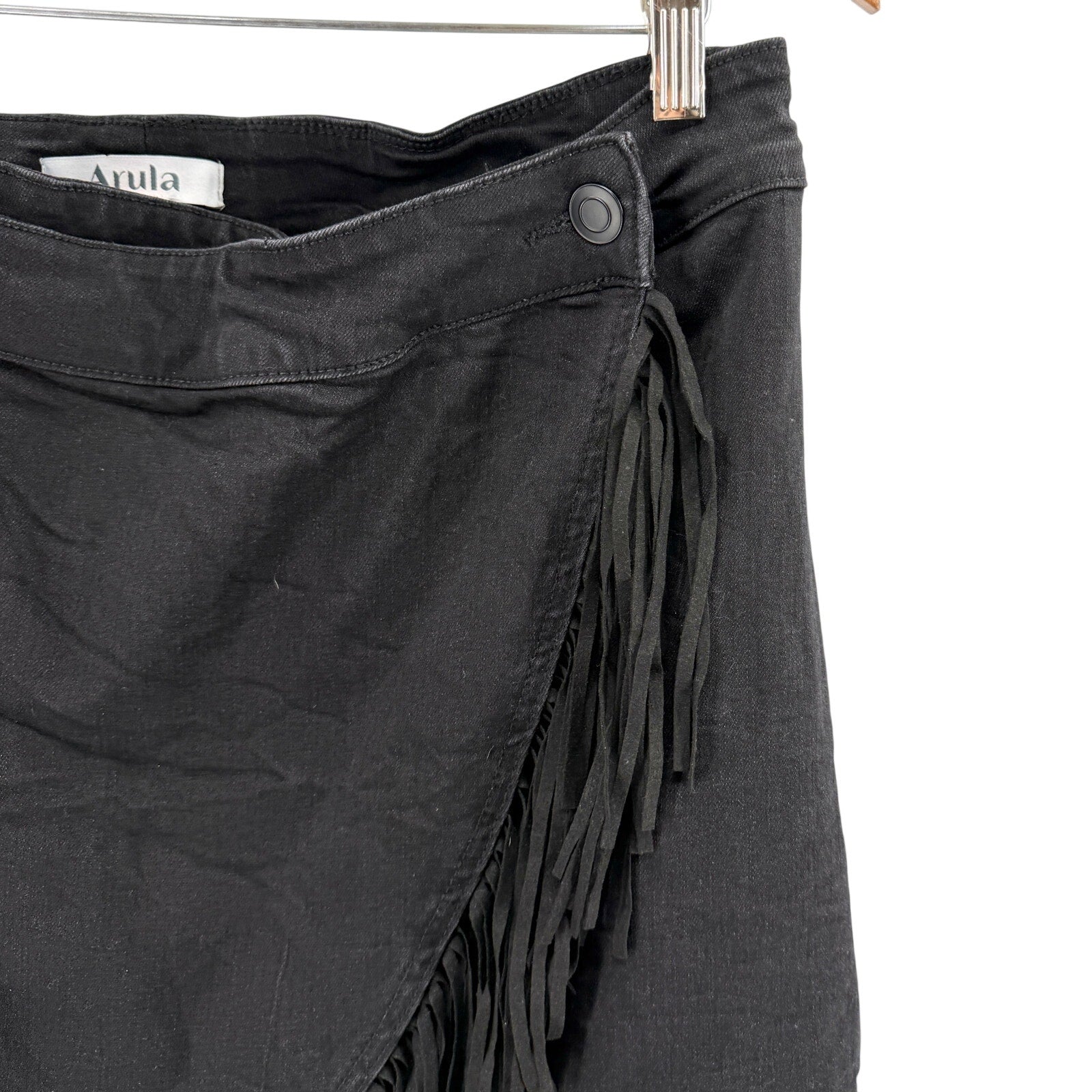 Arula Black Denim Fringe Wrap Mini Skirt