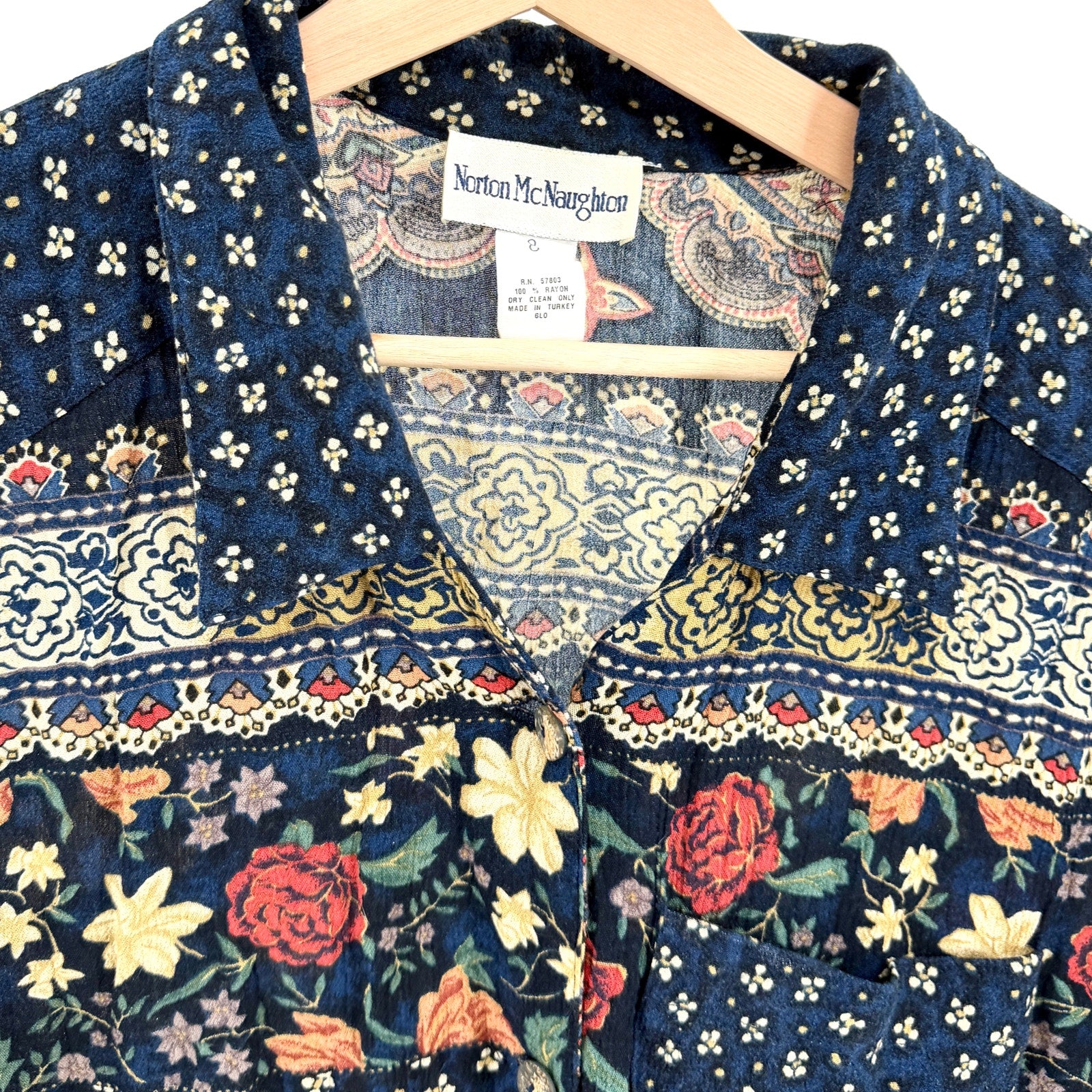 Vintage 90s Norton McNaughton Navy Blue Floral Paisley Short Sleeve Shirt