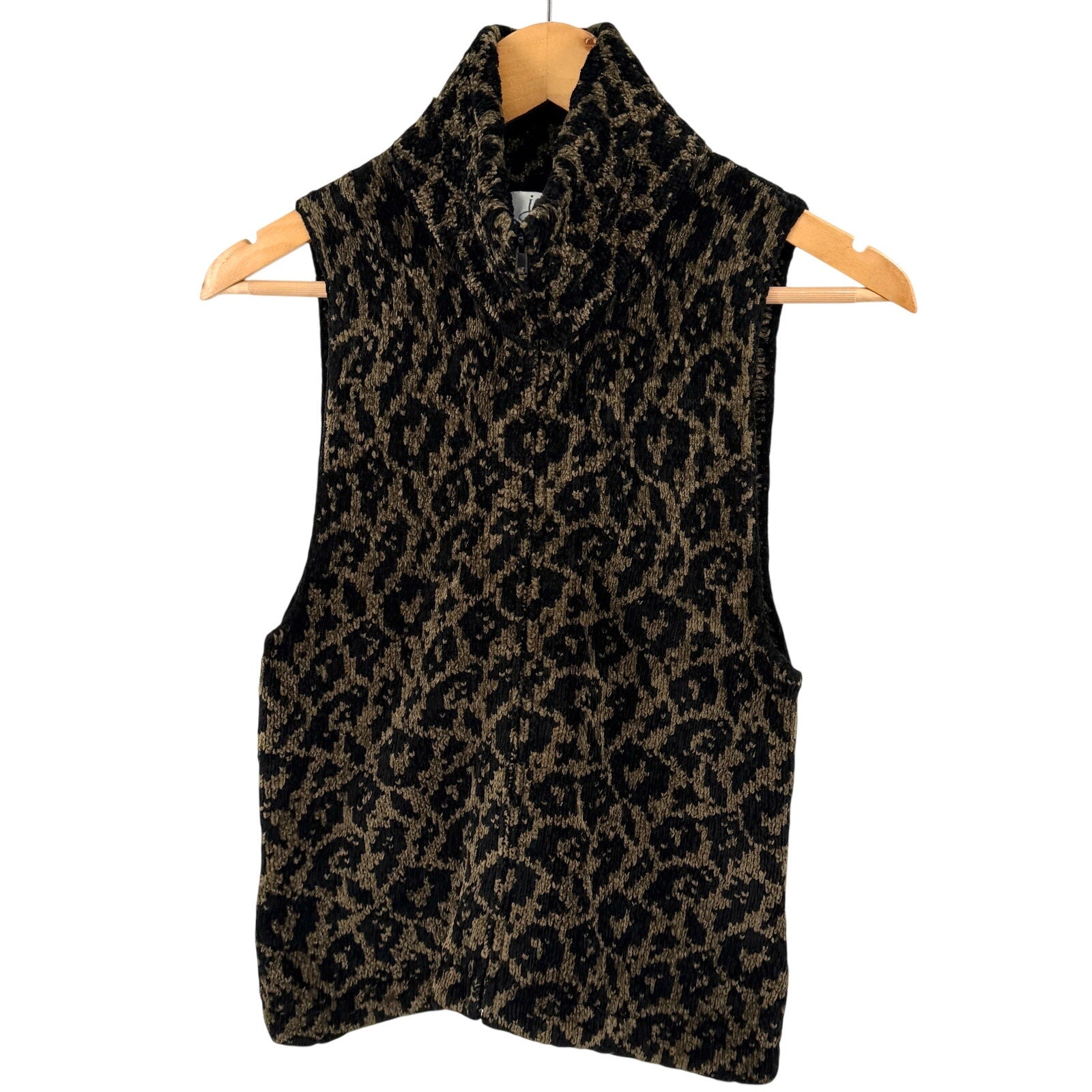 Vintage 90s Jamie Kreitman Olive Black Leopard Chenille Full Zip Sweater Vest