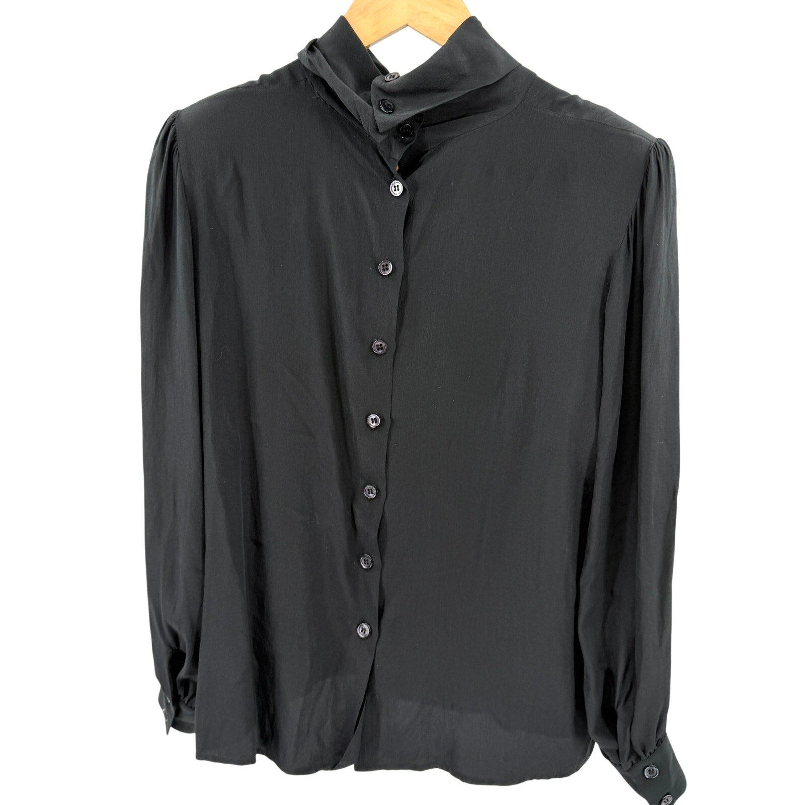 Vintage 80s Lauren Alexandra Black 100% Silk Minimalist High Neck Blouse